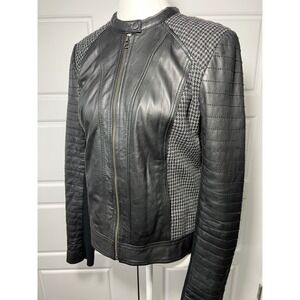 TROUVÉ Black Leather Wool Houndstooth Moto Jacket Zip Front Biker Medium